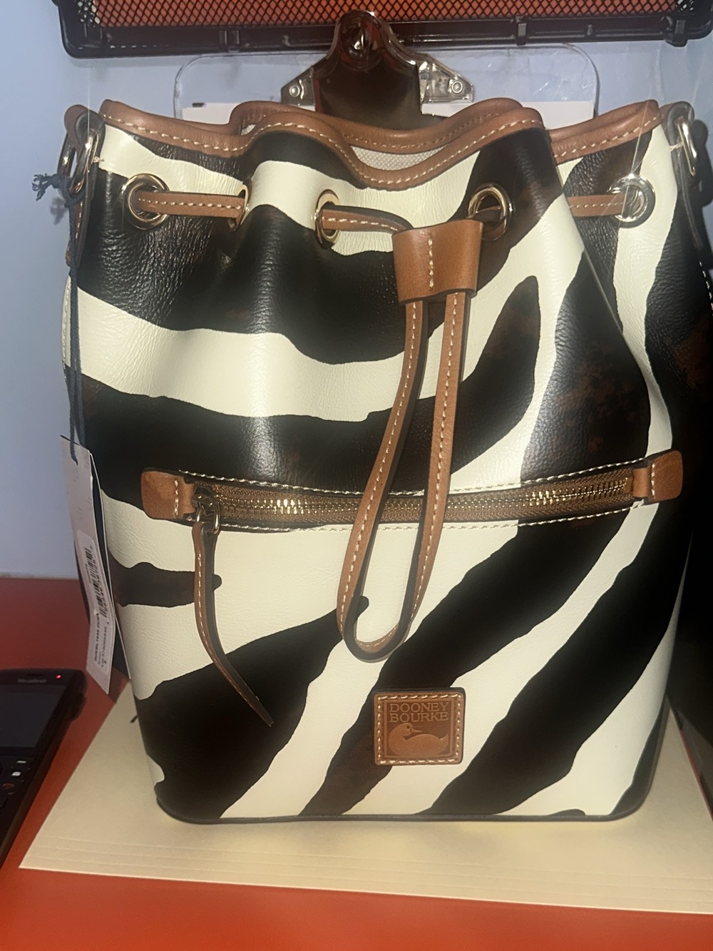 Authentic Dooney & Bourke Black, White & Brown Zebra-Print Drawstring Bucket Bag